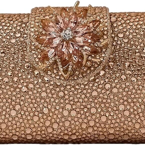 Rose Gold Rhinestone Floral Clutch Handbag with Chains - Perfect for Parties - Picture 1 of 6